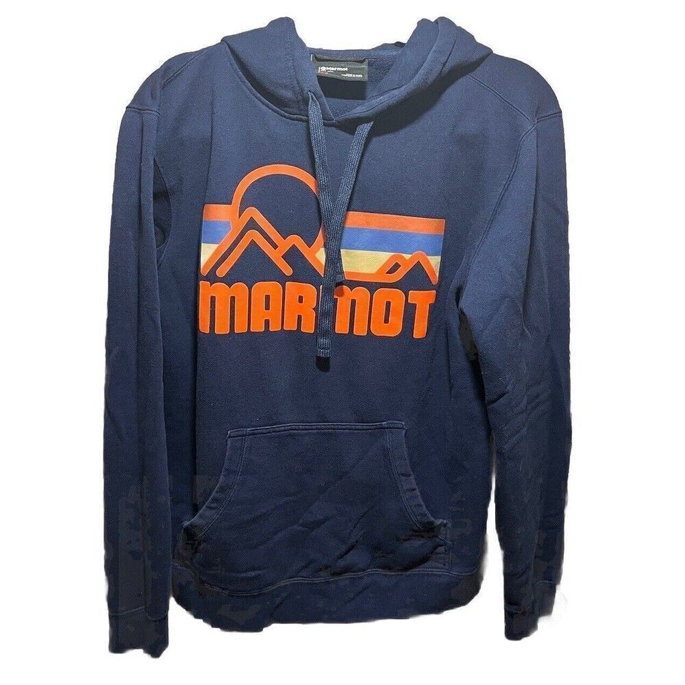 Marmot Coastal Hooded Sweatshirt Size Medium Artic Navy Blue Logo Orange Yellow